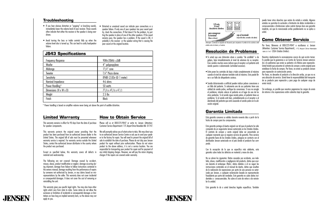 Jensen JS43BK owner manual Como Obtener Servicio, JS43 Specifications, Garantía Limitada, Troubleshooting 