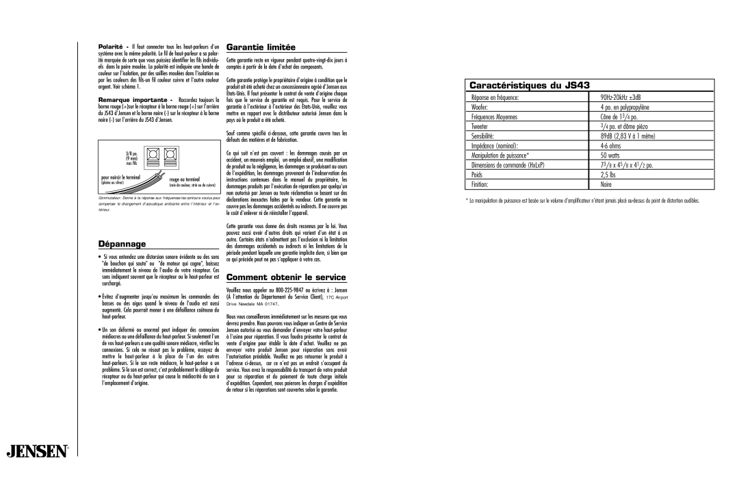 Jensen JS43BK owner manual Caractéristiques du JS43, Dépannage, Garantie limitée, Comment obtenir le service 