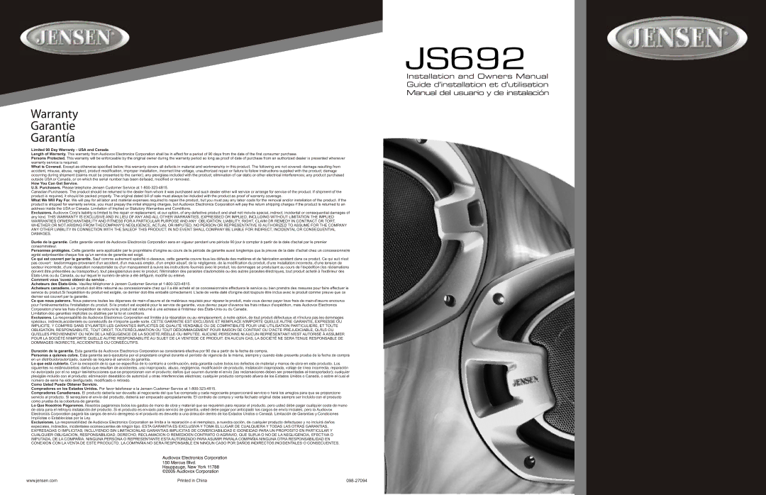 Jensen JS692 warranty Limited 90 Day Warranty USA and Canada, How You Can Get Service, Como Usted Puede Obtener Servicio 