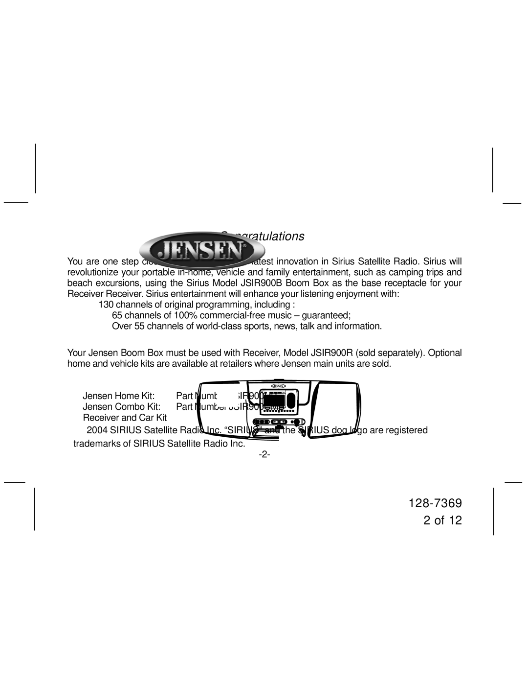 Jensen JSIR900B manual Congratulations 