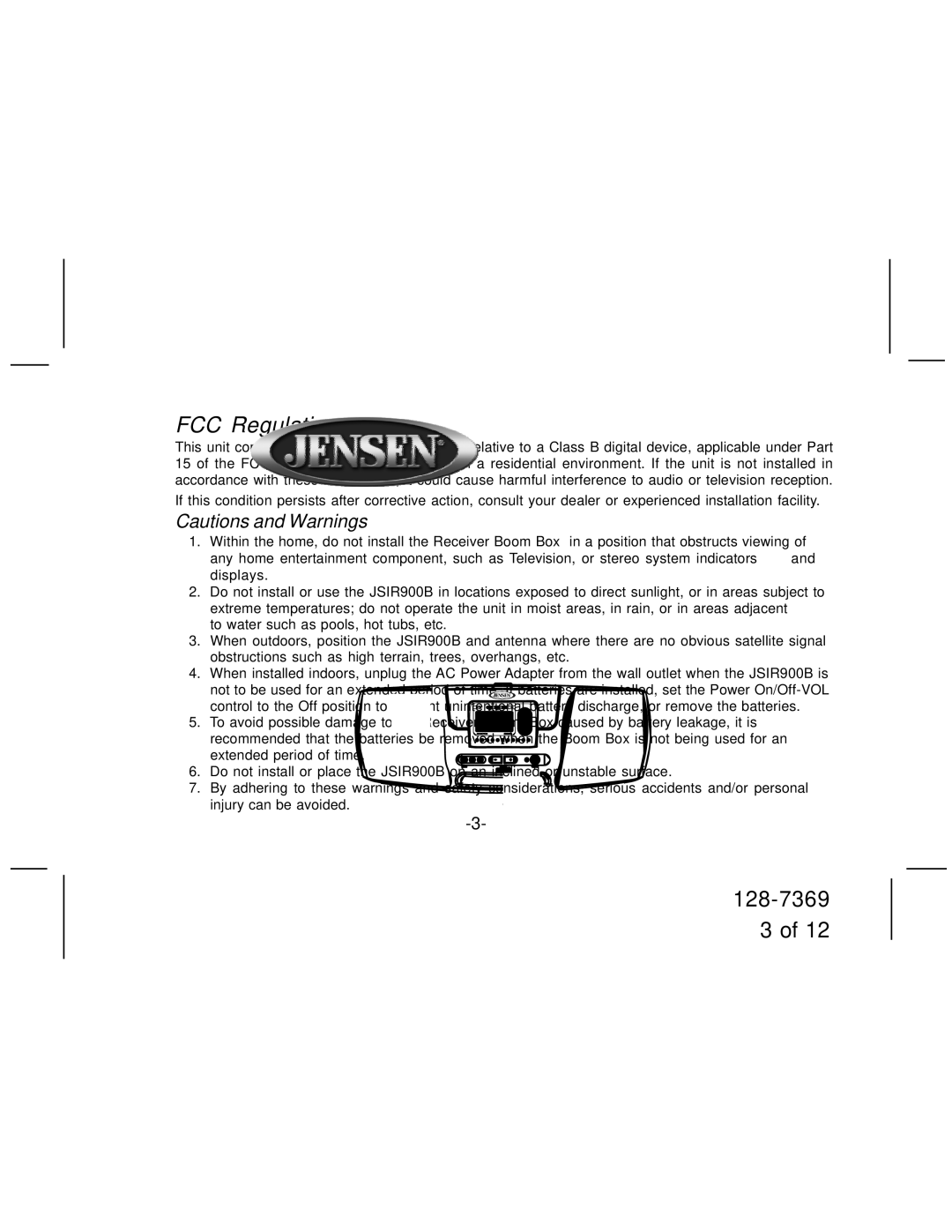 Jensen JSIR900B manual FCC Regulations 