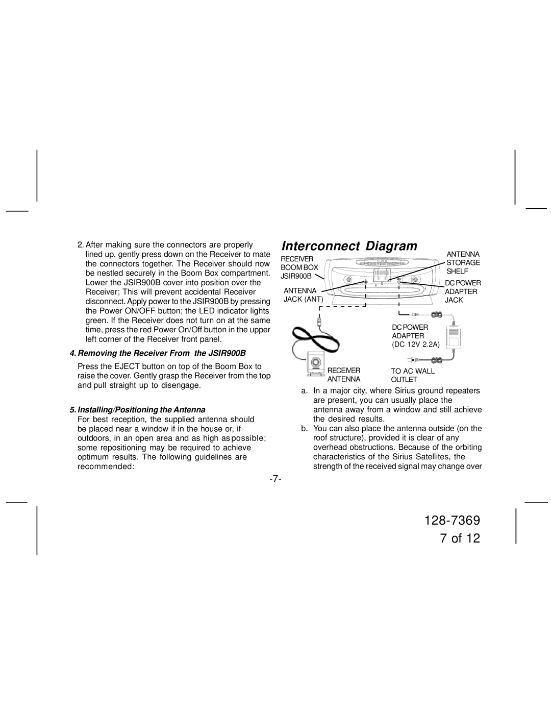 Jensen manual Interconnect Diagram, Removing the Receiver From the JSIR900B, Installing/Positioning the Antenna 