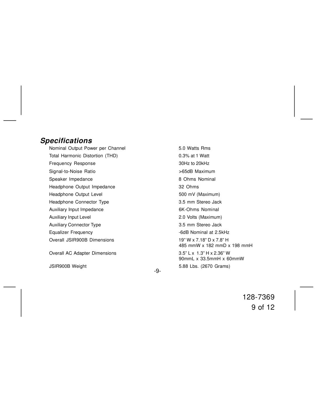 Jensen JSIR900B manual Specifications 