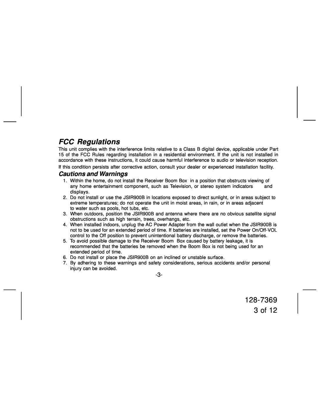Jensen JSIR900B manual FCC Regulations, 128-7369 3 of, Cautions and Warnings 
