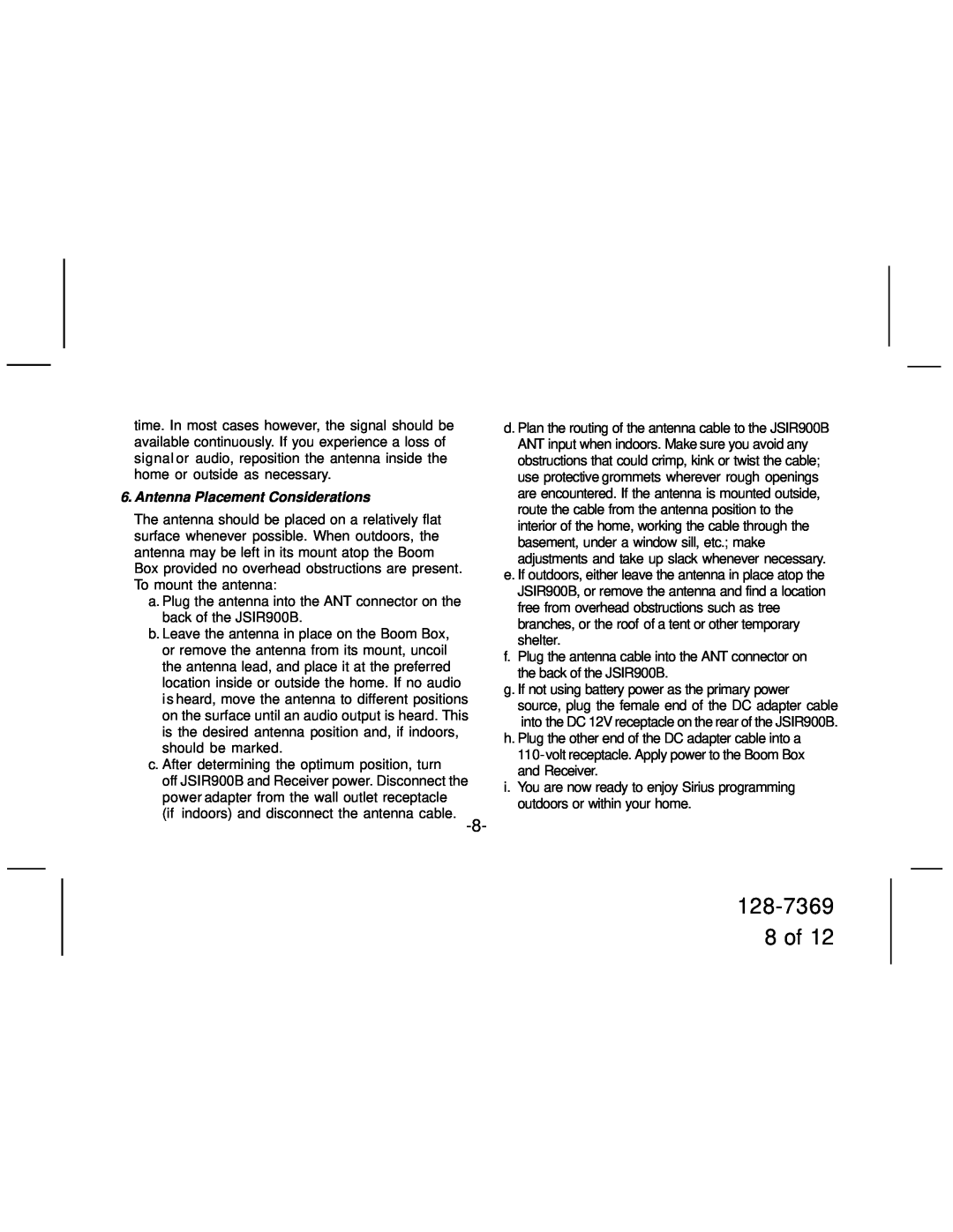 Jensen JSIR900B manual 128-7369 8 of, Antenna Placement Considerations 