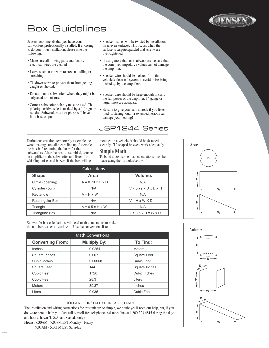 Jensen owner manual Box Guidelines, JSP1244 Series 