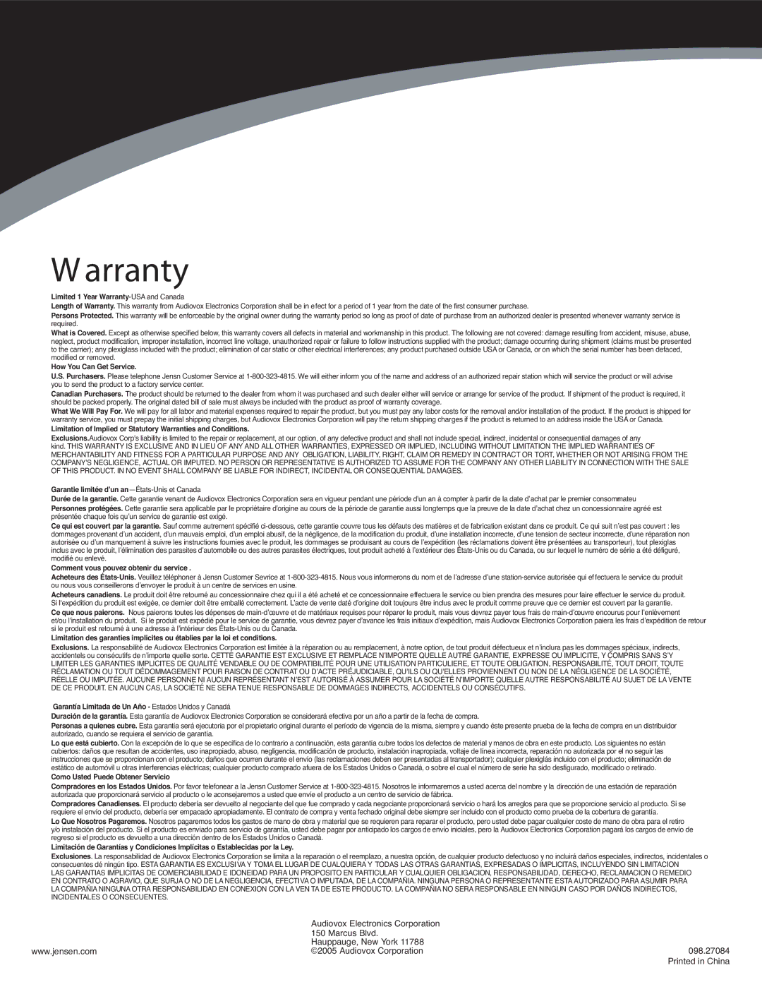 Jensen JSP1244 owner manual Arranty 