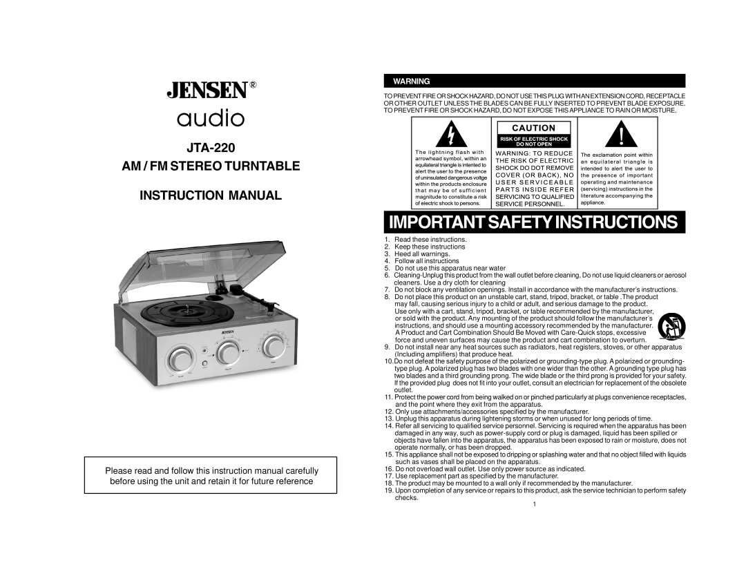 Jensen JTA-220 important safety instructions Audio 