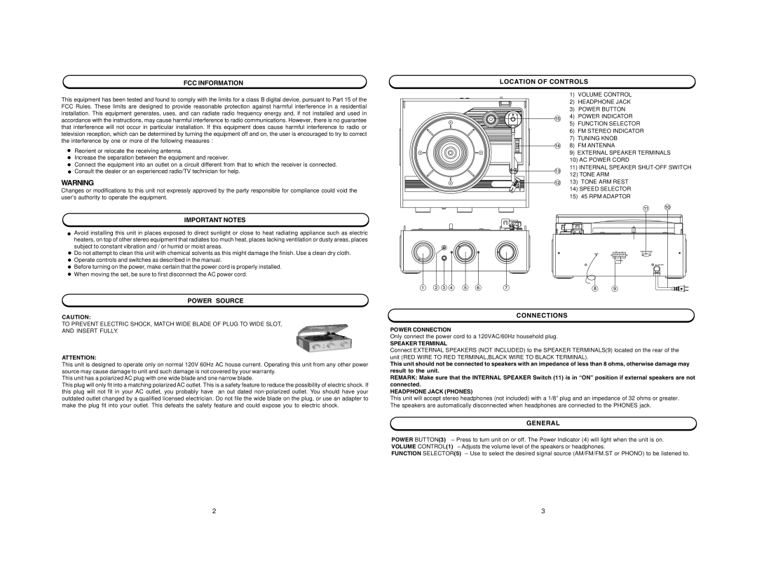 Jensen JTA-220 FCC Information, Important Notes, Location of Controls, Power Source, Connections, General 