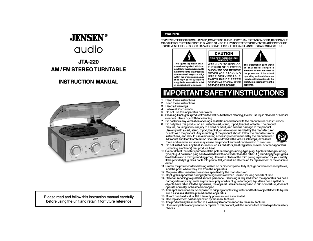 Jensen important safety instructions audio, Important Safety Instructions, JTA-220 AM / FM STEREO TURNTABLE 