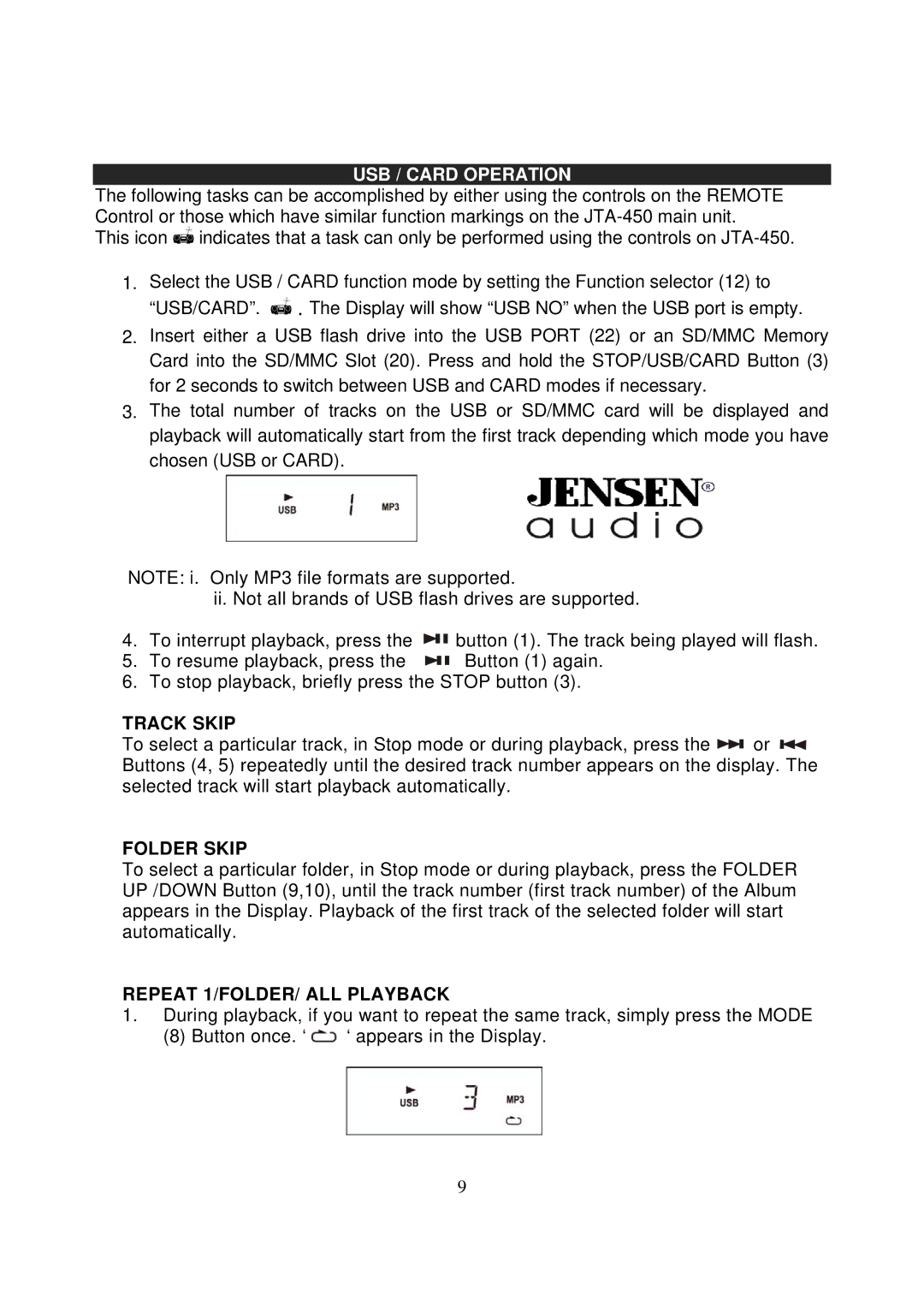 Jensen JTA-450 instruction manual USB / Card Operation, Track Skip, Folder Skip, Repeat 1/FOLDER/ ALL Playback 