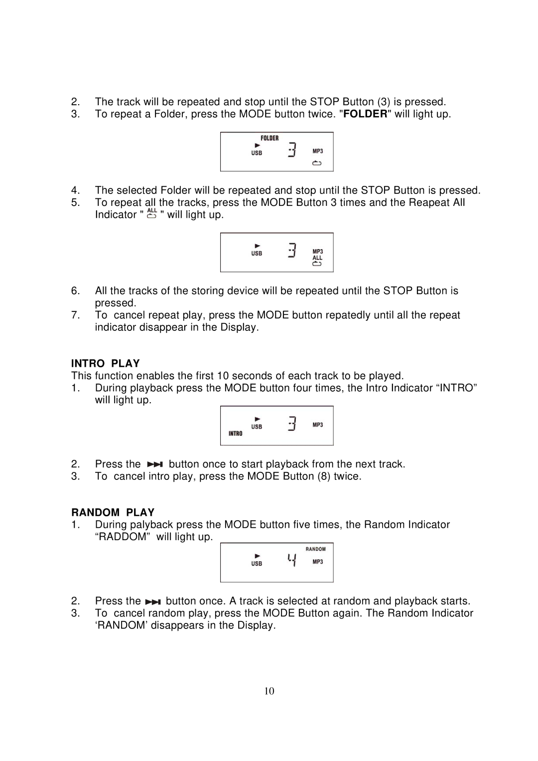 Jensen JTA-450 instruction manual Intro Play, Random Play 