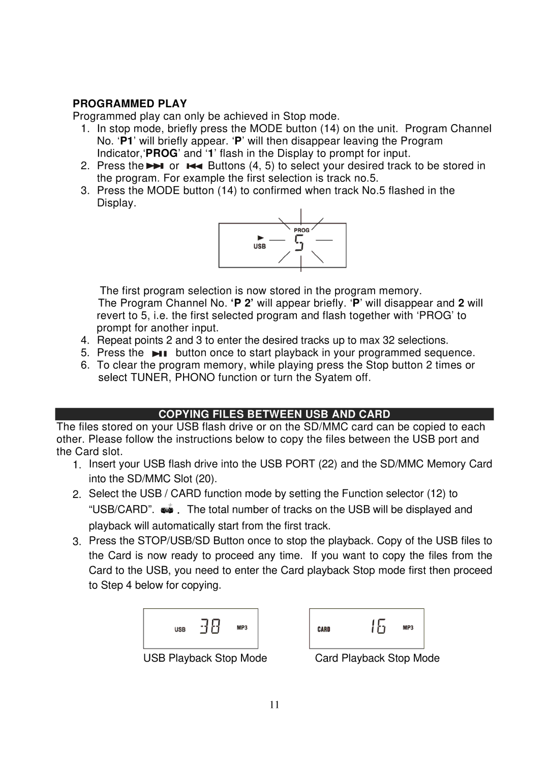 Jensen JTA-450 instruction manual Programmed Play, Copying Files Between USB and Card 