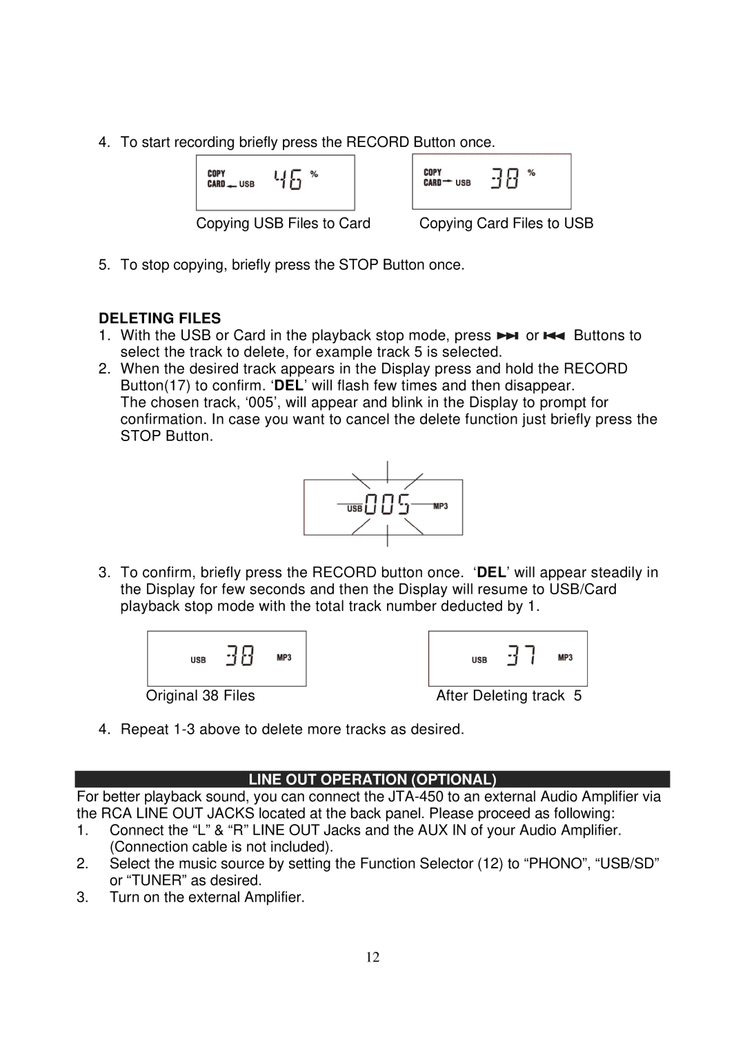 Jensen JTA-450 instruction manual Deleting Files, Line OUT Operation Optional 