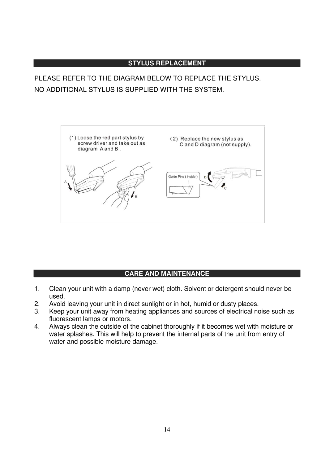 Jensen JTA-450 instruction manual Stylus Replacement, Care and Maintenance 