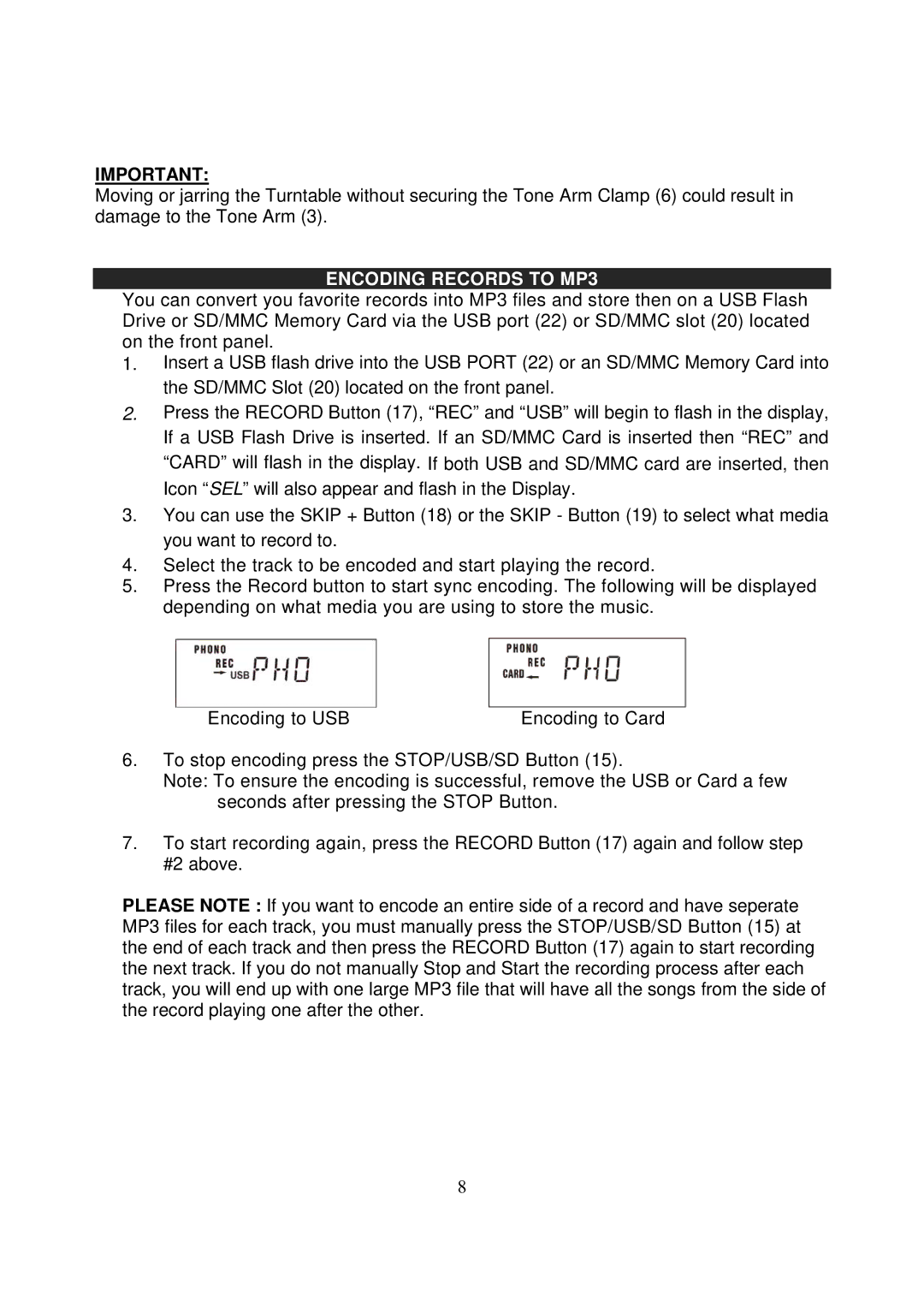 Jensen JTA-450 instruction manual Encoding Records to MP3 