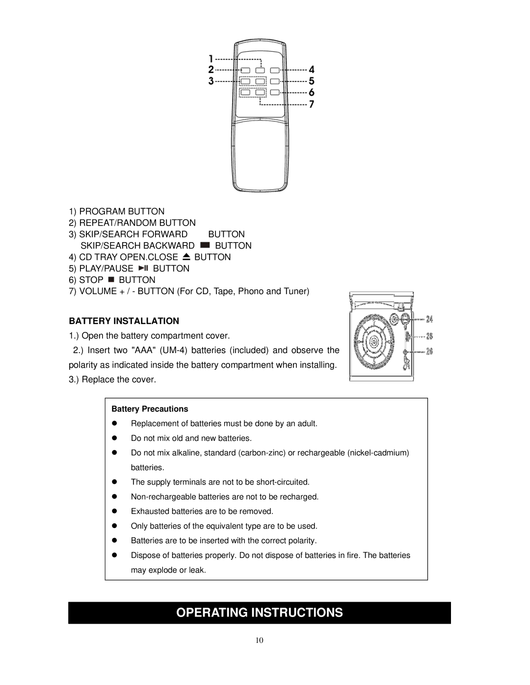 Jensen JTA-475 user manual Operating Instructions, Battery Installation 