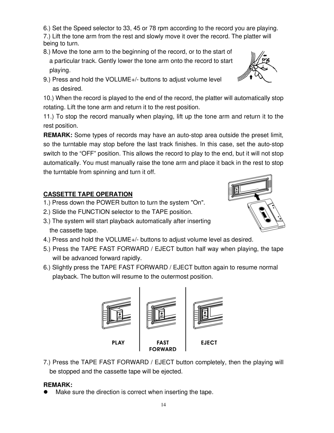 Jensen JTA-475 user manual Cassette Tape Operation, Remark 