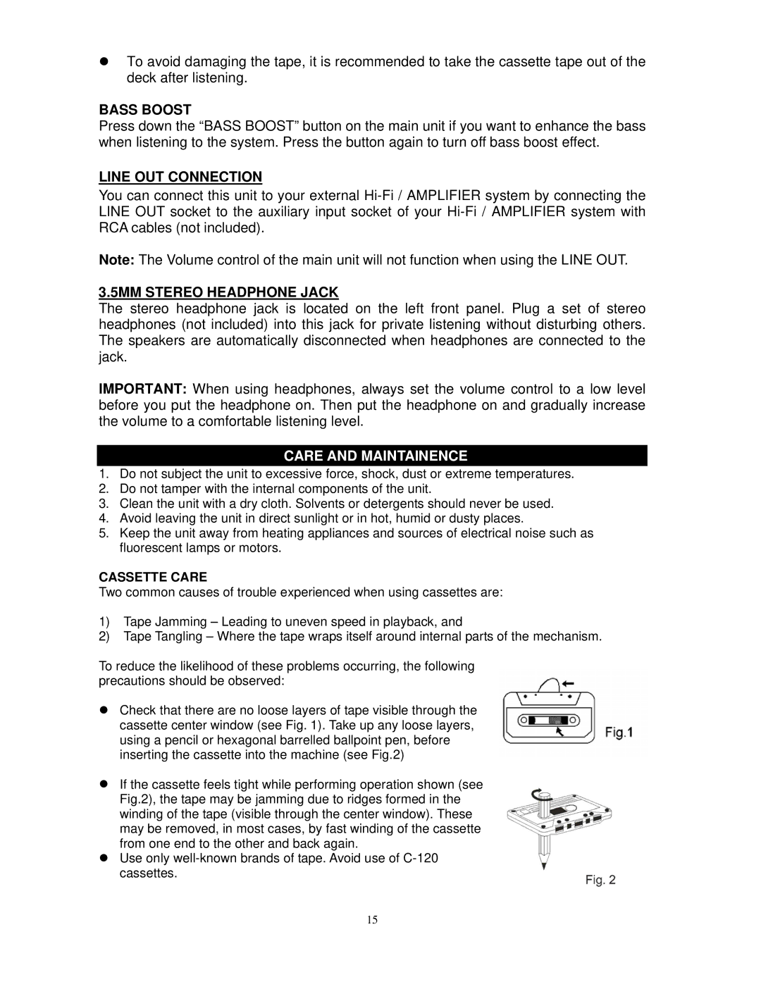 Jensen JTA-475 user manual Bass Boost, Line OUT Connection, 5MM Stereo Headphone Jack, Cassette Care 