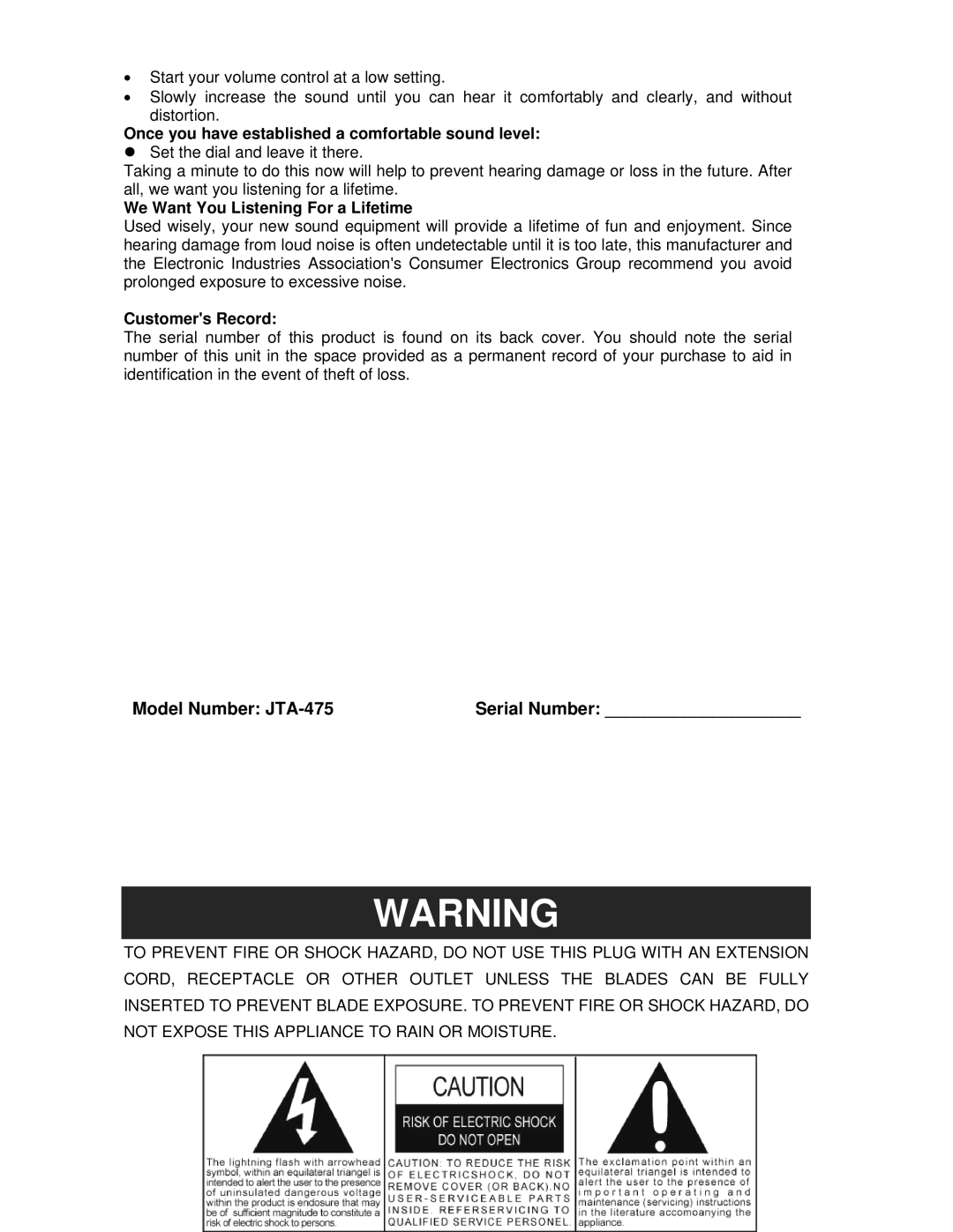 Jensen user manual Model Number JTA-475 Serial Number, Once you have established a comfortable sound level 