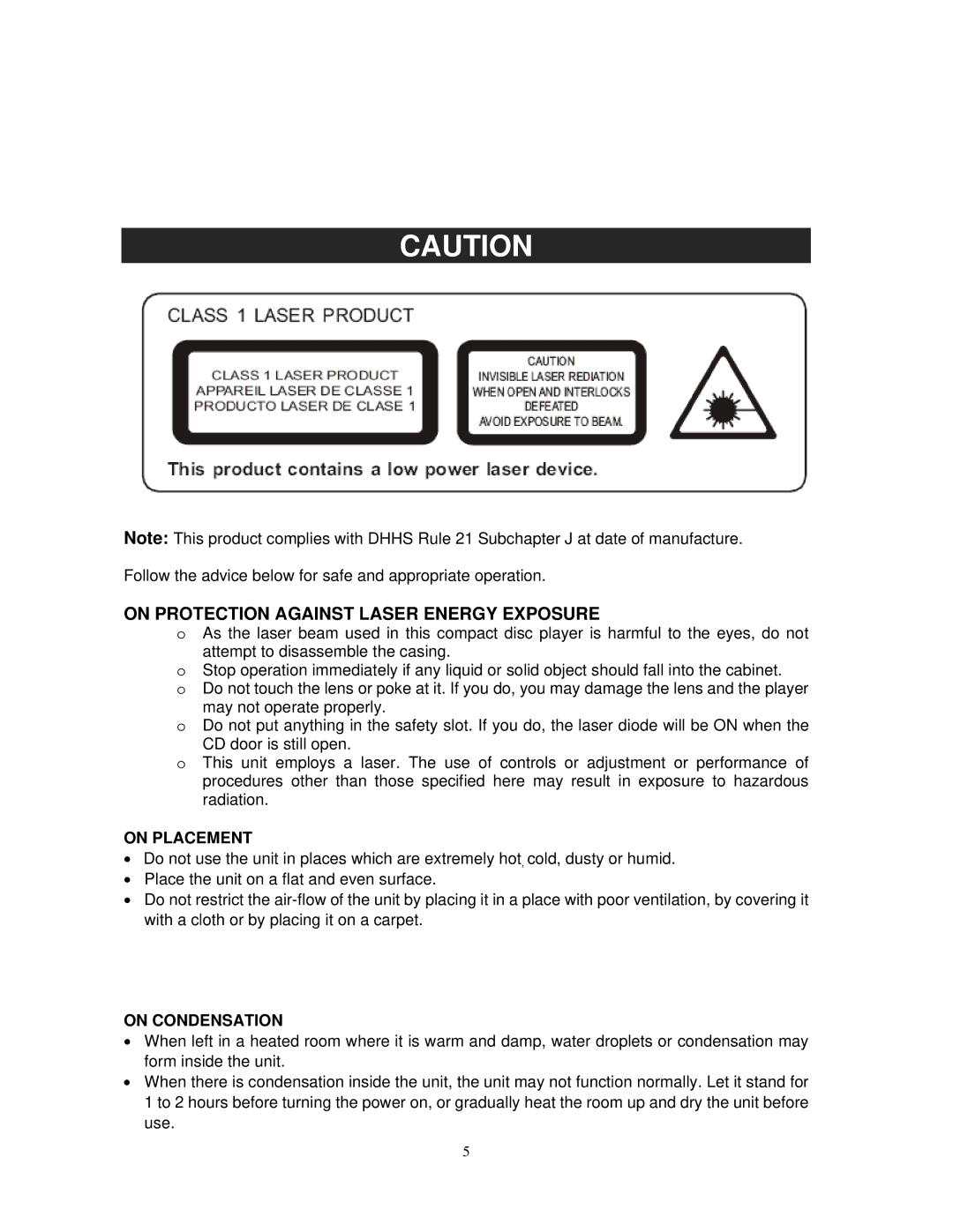 Jensen JTA-475 user manual On Protection Against Laser Energy Exposure, On Placement, On Condensation 