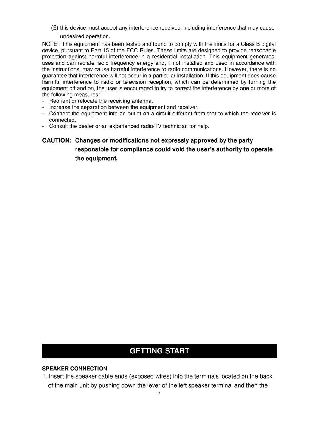 Jensen JTA-475 user manual Getting Start, Speaker Connection 