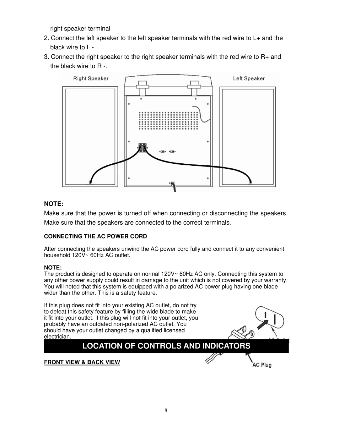 Jensen JTA-475 user manual Location of Controls and Indicators, Connecting the AC Power Cord, Front View & Back View 