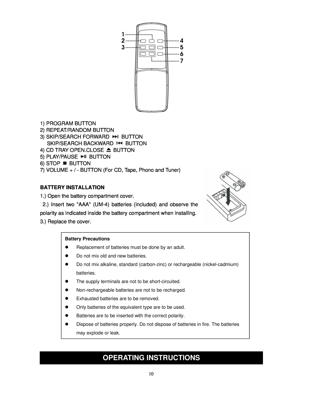 Jensen JTA-475 user manual Operating Instructions, Battery Installation 