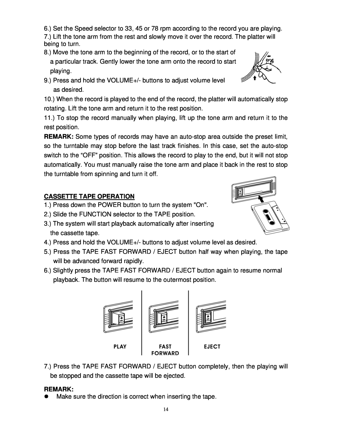 Jensen JTA-475 user manual Cassette Tape Operation, Remark 