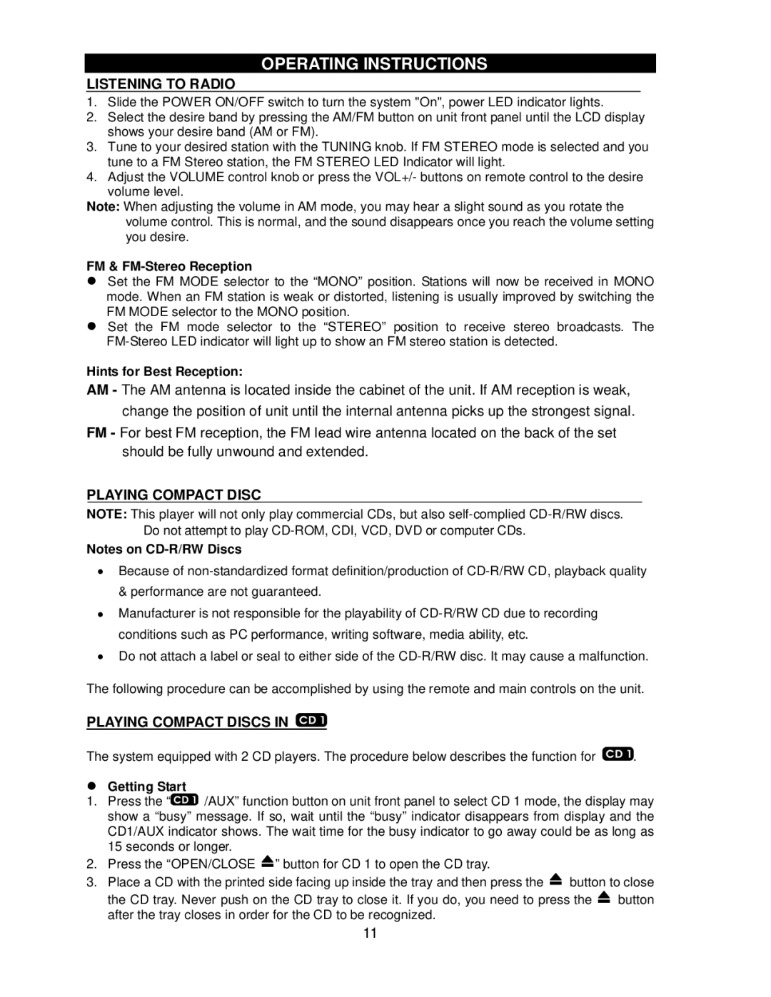 Jensen JTA-980 user manual Operating Instructions, Listening to Radio, Playing Compact Discs 