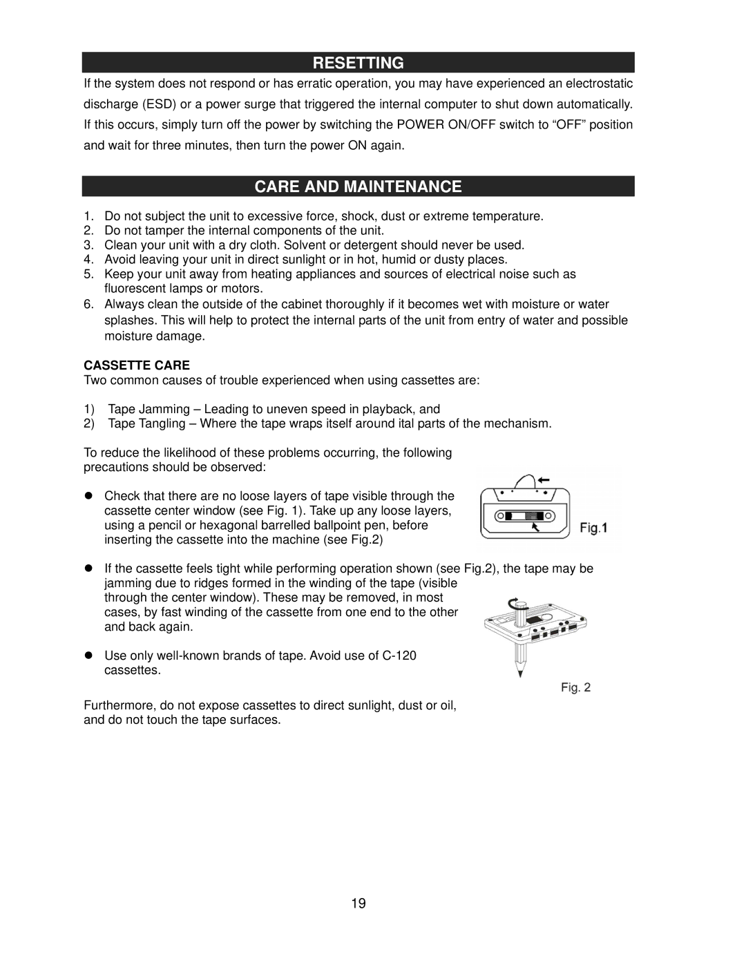 Jensen JTA-980 user manual Resetting, Care and Maintenance, Cassette Care 