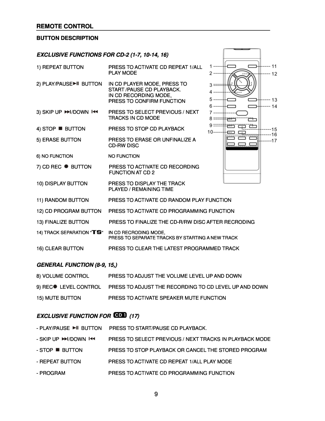 Jensen JTA-980 Remote Control, Button Description, EXCLUSIVE FUNCTIONS FOR CD-2 1-7, 10-14,16, GENERAL FUNCTION 8-9,15 