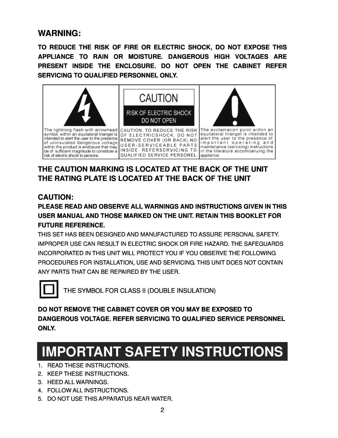 Jensen JTA-980 user manual Important Safety Instructions, The Symbol For Class Ii Double Insulation 