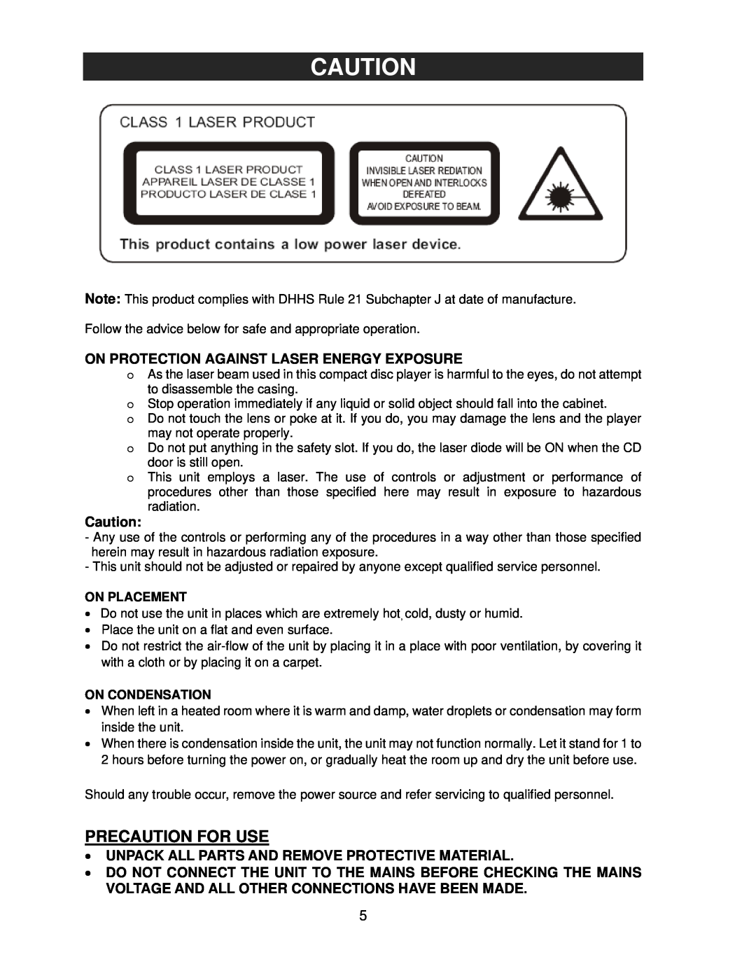 Jensen JTA-980 user manual Precaution For Use, On Protection Against Laser Energy Exposure, On Placement, On Condensation 