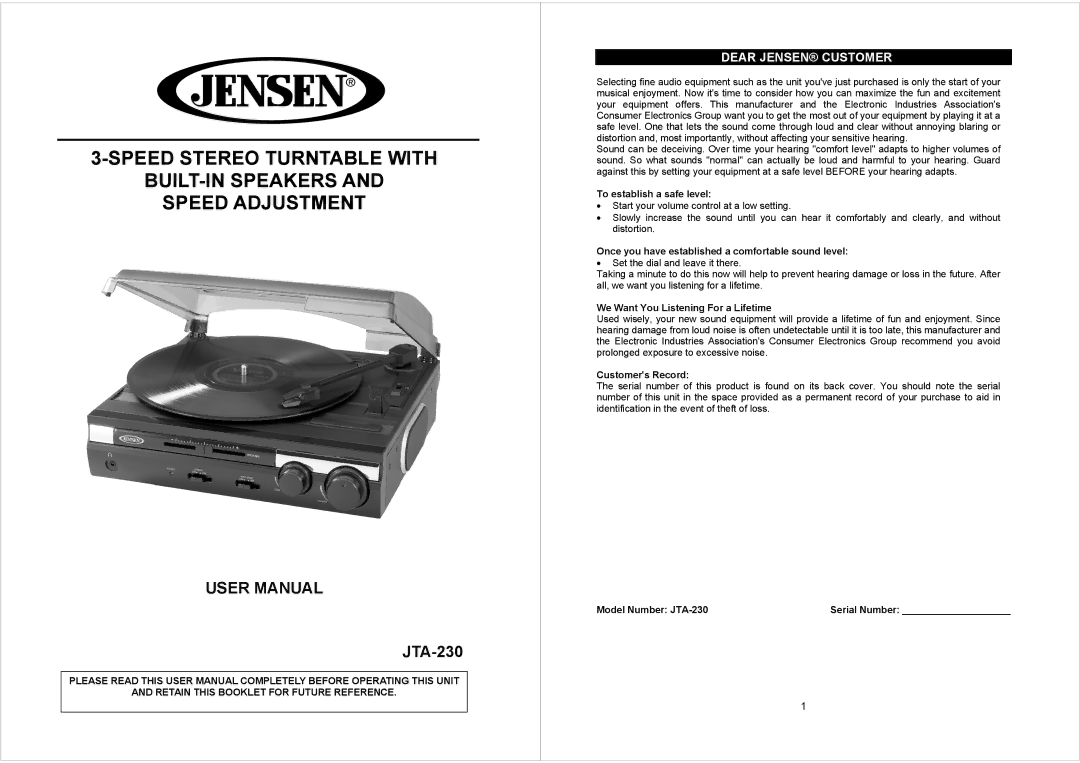 Jensen JTA230 user manual JTA-230, Dear Jensen Customer 