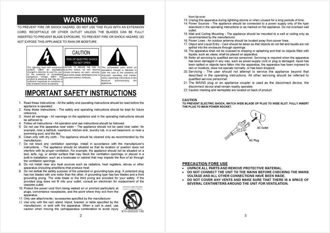 Jensen JTA230 user manual Important Safety Instructions, Precaution Fore USE 