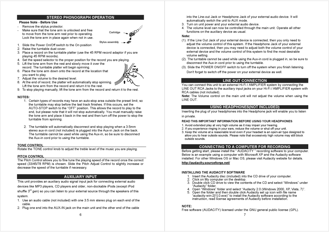 Jensen JTA230 user manual Stereo Phonograph Operation, Auxiliary Input, Line OUT Connection, Using Headphonesnot Included 