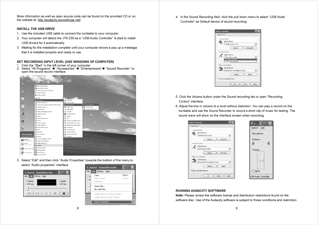 Jensen JTA230 Install the USB Drive, SET Recording Input Level USE Windows XP Computer, Running Audacity Software 