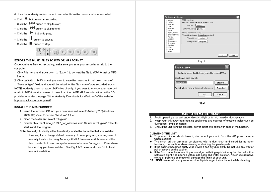 Jensen JTA230 user manual Care and Maintenance, Export the Music Files to WAV or MP3 Format, Install the MP3 Encoder 