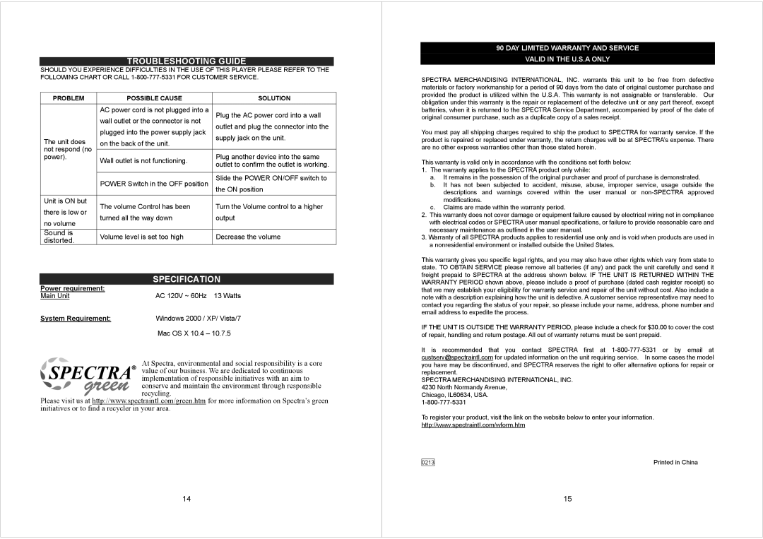 Jensen JTA230 user manual Troubleshooting Guide, Specification 