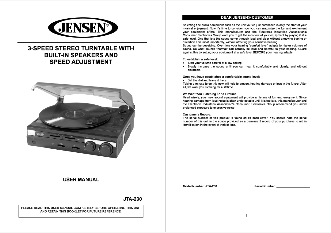 Jensen JTA230 user manual Dear Jensen Customer, Speedstereo Turntable With Built-Inspeakers And, Speed Adjustment 