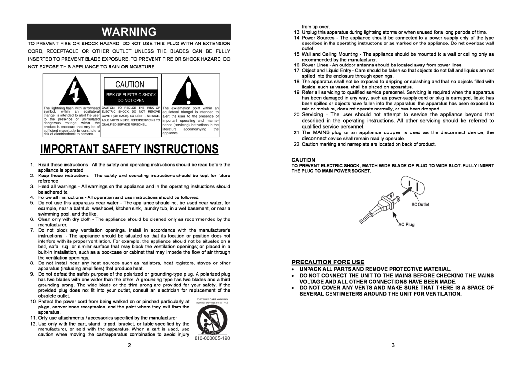 Jensen JTA230 user manual Precaution Fore Use, Important Safety Instructions 