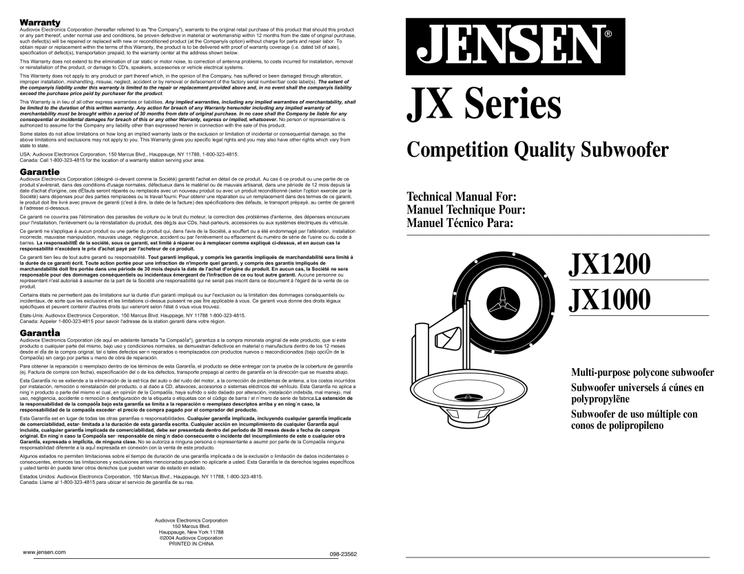 Jensen JX1000, JX1200 technical manual JX Series 