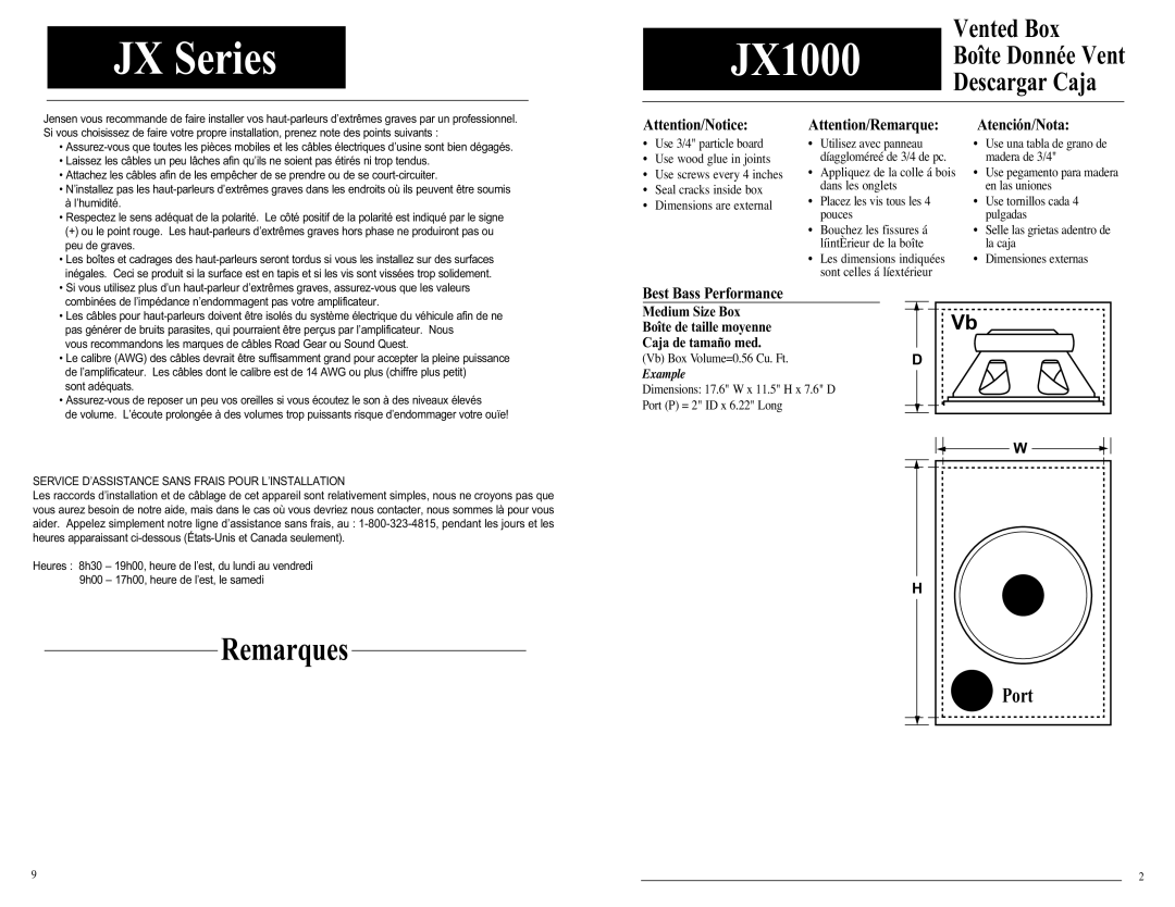 Jensen JX1200 technical manual JX SeriesJX1000 Boîte Donnée Vent, Service D’ASSISTANCE Sans Frais Pour L’INSTALLATION 