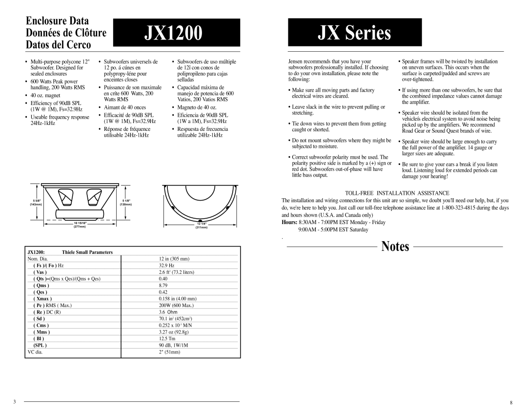 Jensen JX1000 technical manual Enclosure Data Données de Clôture JX1200 Datos del Cerco 