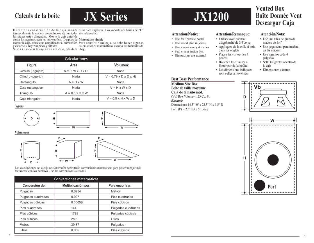 Jensen JX1000, JX1200 technical manual Medium Size Box, Boîte de taille moyenne, Caja de tamaño med, ´Areas, Volúmenes 