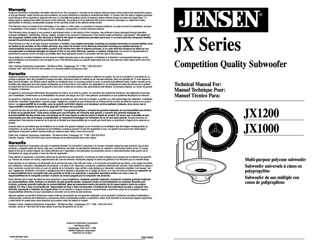 Jensen JX1000, JX1200 technical manual Technical Manual For Manuel Technique Pour, Manuel Técnico Para, Warranty, Garantie 
