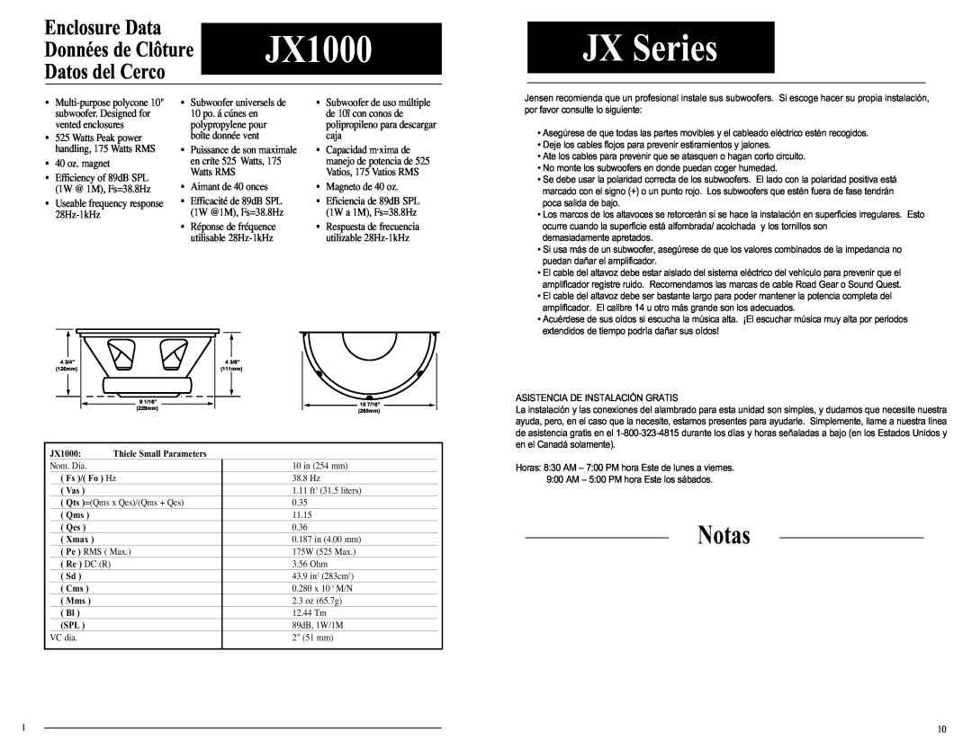 Jensen JX1200 JX Series, Notas, Enclosure Data, Données de Clôture JX1000 Datos del Cerco, Fs / Fo Hz, Xmax 