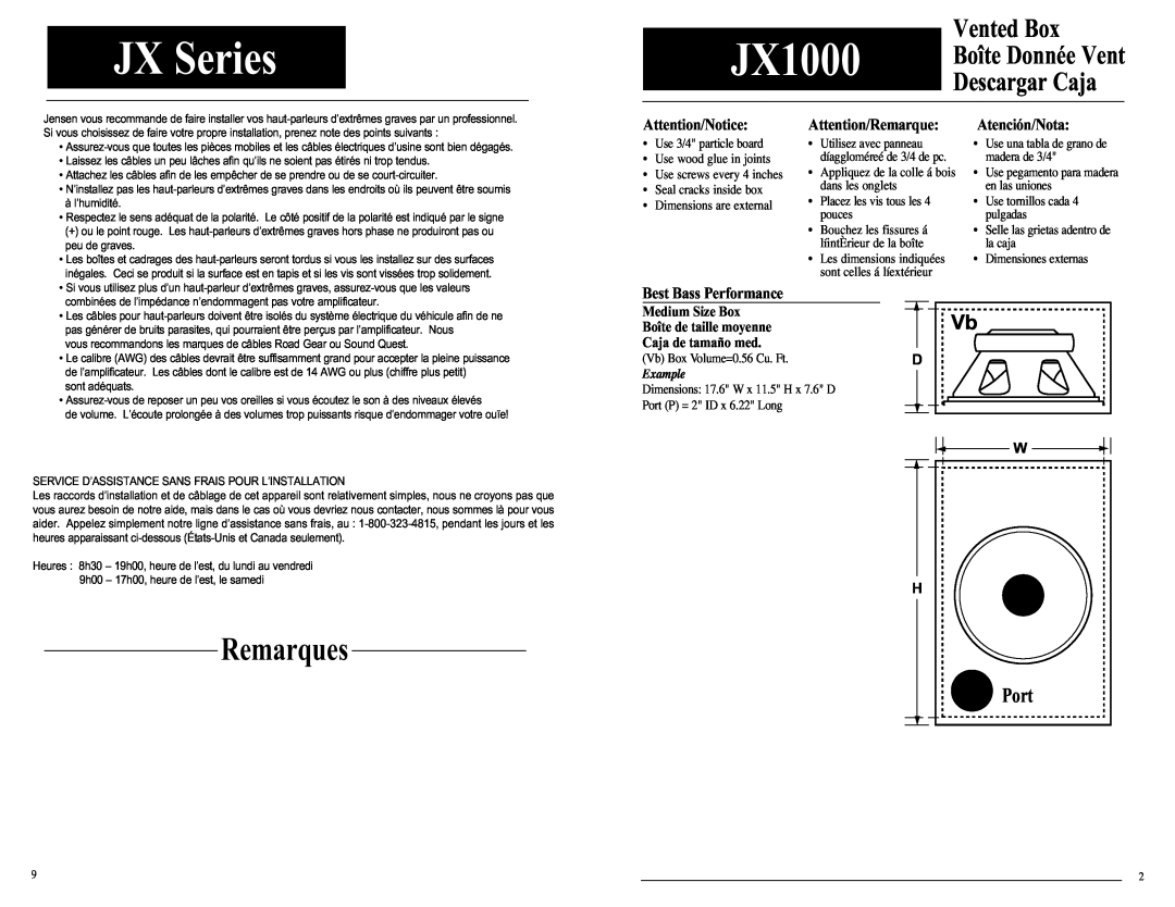 Jensen JX SeriesJX1000 Boîte Donnée Vent, Remarques, Vented Box, Descargar Caja, Port, Attention/Notice, Atención/Nota 