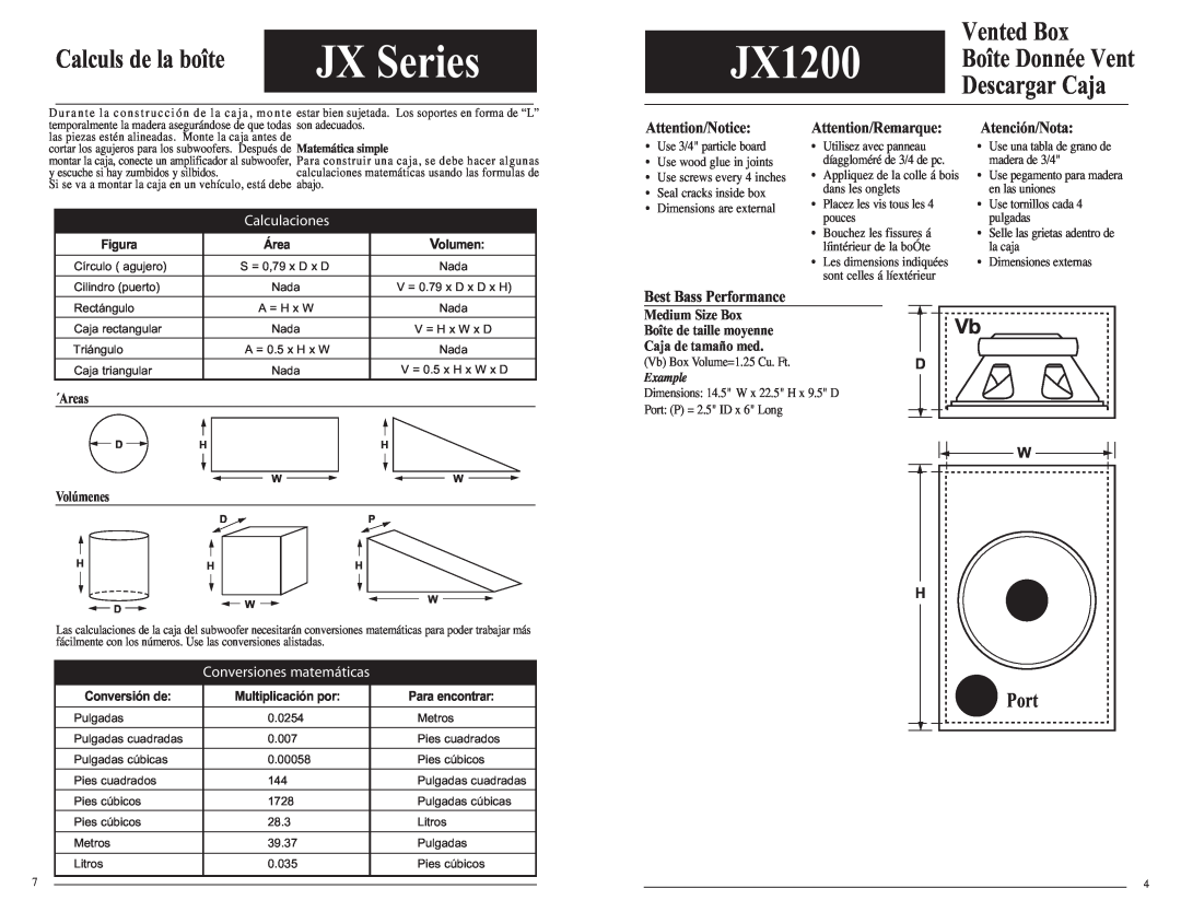 Jensen JX1000 Vented Box, Port, Attention/Remarque, Medium Size Box, Boîte de taille moyenne, Caja de tamaño med, ´Areas 